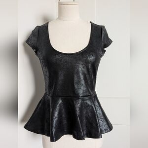 Nasty Gal Black Faux Leather Wet Peplum Short Sleeve Top Small